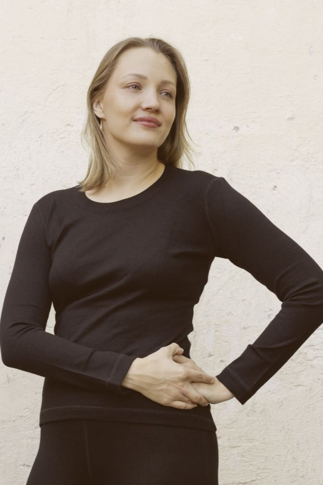 Naisten kerraston paita musta- alpakka vs merinovillakerrasto